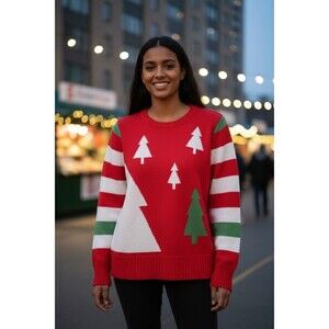 Liz Claiborne Long Sleeve Holiday Christmas Sweater Striped with Trees Sz L